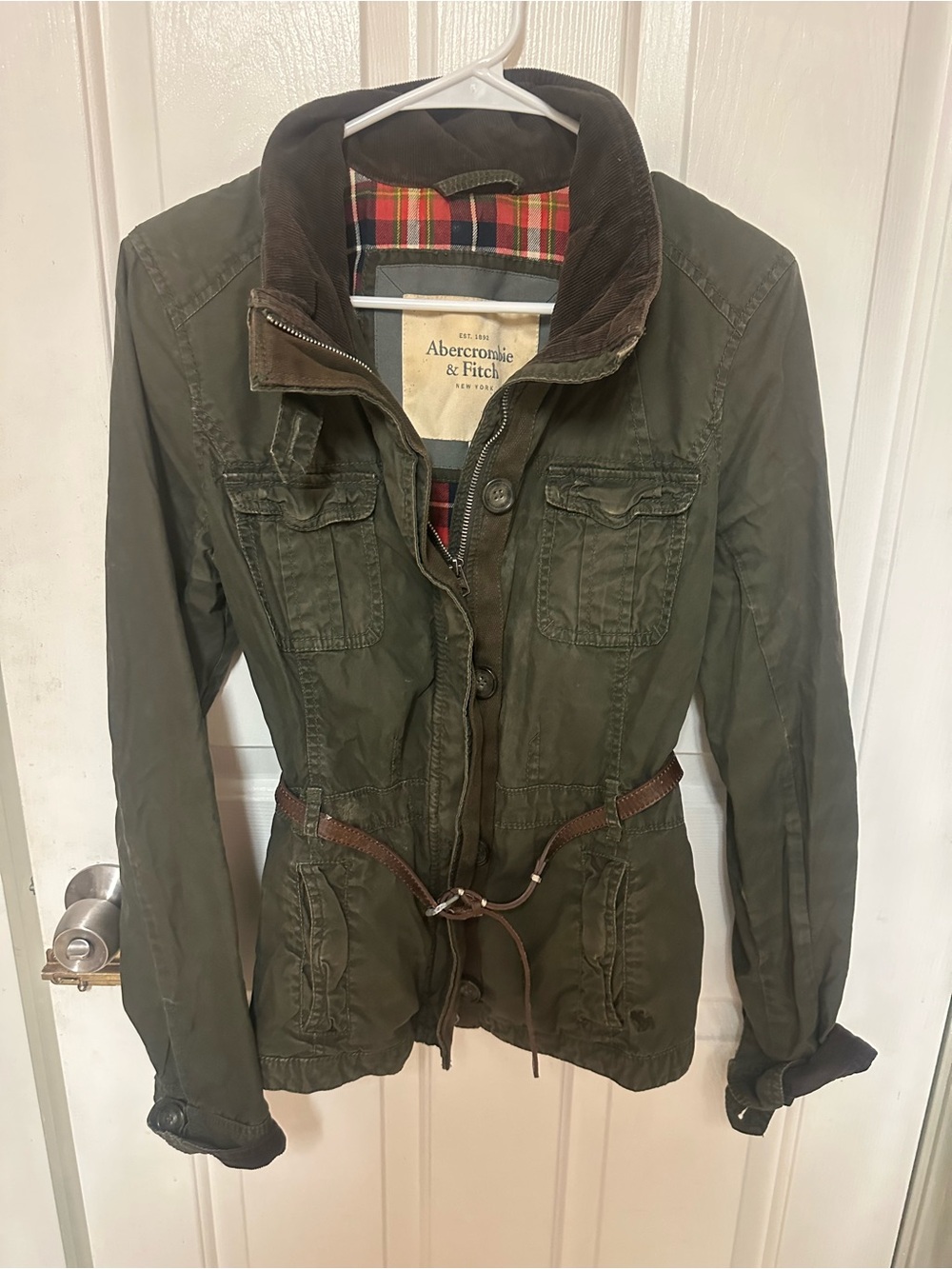 Abercrombie & Fitch Women's Olive Utility Jacket with Removable Leather Belt